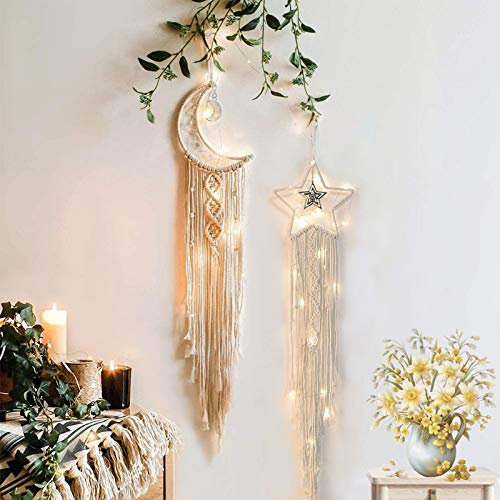Tarklanda Acchiappasogni Macrame con LED String Light Boho Decorazioni Fatti a Mano Dreamcatcher Macrame da Parete Acchiappasogni Luna Stella Regalo Decorazioni da Parete Camera da Letto Ragazza