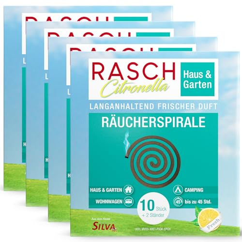 RASCH® Citronella Räucherspiralen Set [INKL Halter + STÄNDER] - Spirale Draußen, Garten, Balkon & Terrasse - Rauchspirale mit natürlichem Zitronen Aroma - 4h Brenndauer pro Räucherspirale (40 STK.)