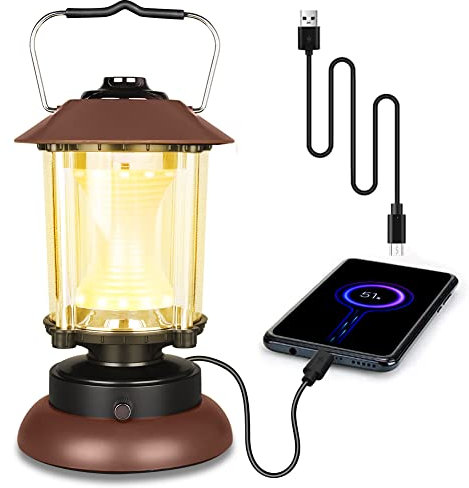 KEENZO LED Campinglampe, USB Aufladbar Campinglicht, Camping Laternen Helligkeiten Dimmbar, Tragbar Retro Zeltlampe,Wasserdichte Campingleuchte für Draußen Garten Balkon,Wandern, Notfall (Braun-L)