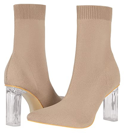 Shoe'N Tale Women's Knit Sock Ankle Boots Pointed Toe Clear Mid Heel Slip-on Stretch Booties Shoes(8,Brown)