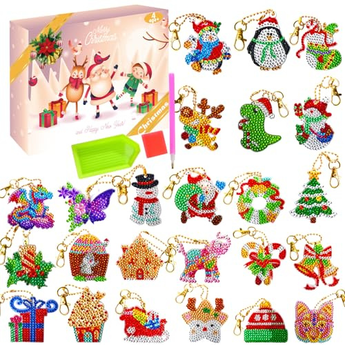 Adventskalender 2026 für Kinder, 24 Stück, DIY-Diamantmalerei, Schlüsselanhänger-Kits, Weihnachts-Countdown-Kalender, dekoratives hängendes Ornament, Geschenk für Mädchen, Kinder, Erwachsene
