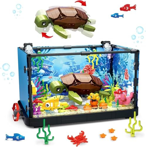 QLT QIAOLETONG Aquarium Turtle Fish Tank Ideas Bauspielzeug mit LED LichtAquarium klemmbausteine deko bausteine Geschenk für Erwachsene und ab 16+Jahren(625PCS)