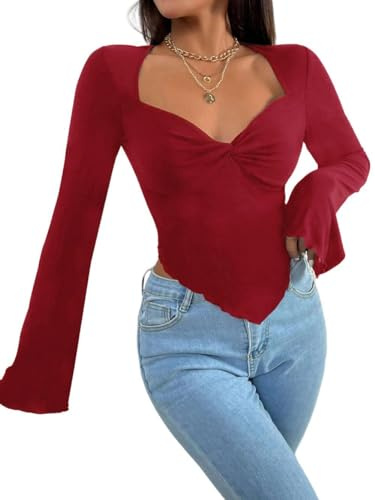 Rongseng Camiseta de Manga Larga para Mujer Crop Tops Sexy Slim Fit T Shirt Cuello Corazón Wist Frente Dobladillo Asimétrico Básico Top Elegantes Jersey Pullover Suave Camisa Moda Casual Streetwear