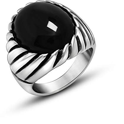 KnBoB 20MM Edelstahl Herren Ring Schwarz Achat Vintage Gothic Schmuck Ring Größe 62 (19.7)