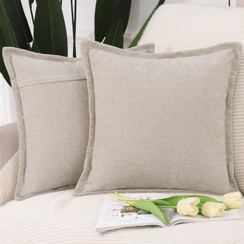 Madizz 2er Set Fransen Chenille Schlicht Zierkissenbezüge Modern Kissenbezug Kissenhülle Sofakissen Lendenkissen für Sofa Schlafzimmer Leichtes Taupe 45x45 cm