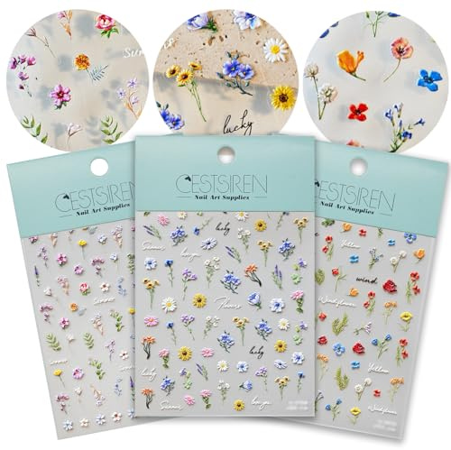 CESTSIREN Flower Nail Art Stickers 3D Embossed Nail Decals for Nail Art Design Self-Adhesive Spring Summer Nail Accessories for Women Nail Art Supplies 3 Sheets