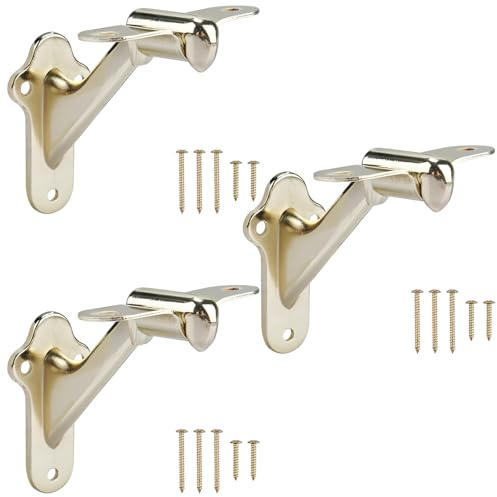 RealPlus Heavy Duty Handrail Brackets - 3pcs Stairway Railing Brackets with Screws (Bright Brass)