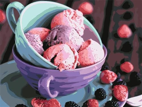 Eisfrüchte Malen nach Zahlen Erwachsene DIY Handgemalt Ölgemälde Malerei auf Leinwand Kinder Anfänger Malsets mit Pinseln Acrylic Paint by Numbers Kits Haus Wand Decor Geschenk 55x70cm,mit Rahmen