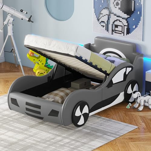 TavilaEcon Kinderbett Modell Autobett, 90x200 Flachbett mit integriertem Unterbett für zusätzlichen Stauraum, weiß/Grau - Hochwertiges Design für sicheres und bequemes Schlafen (Grau)