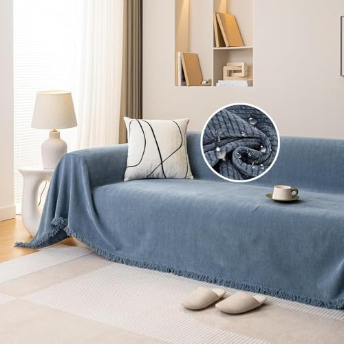 JIcloun Blau Sofa überwurfdecke L Form Große 1 2 3 4 Sitzer Sofadecke Kuscheldecke Chenille Couch Überwurf Tagesdecke mit Fransen, Wasserdicht 180x230cm