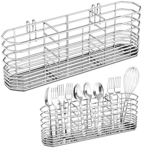 Fanbsy 304 Stainless Steel Utensil Holder, Dish Drying Rack, Kitchen Utensil Organizer, Knife and Fork Drainage Rack, Kitchen Drainage Basket Accessories, with Hooks, Rust Proof