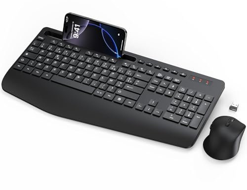 Ensemble Clavier et Souris sans Fil, Ergonomique Pleine Taille Clavier avec Repose-Poignet, Support, Mode Veille, 2,4 GHz Silencieux Clavier Souris pour Windows, PC, Laptop, AZERTY Français - Noir