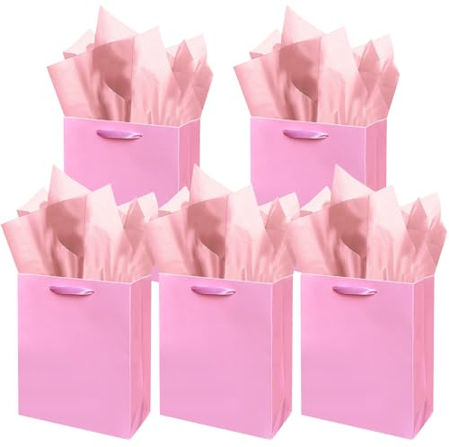 Gcardist Presentpåsar i rosa med silkespapper, för bröllop, födelsedag och festtillbehör, 20 x 11 x 24 cm, medelstorlek, av kartong, 5 st. påsar och 15 st. silkespapper