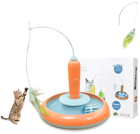 Trywise katzenspielzeug selbstbeschäftigung, 3 in 1 Elektrisch Interaktives Katzenspielzeug mit Karotten-Design, 360-Grad-Drehung Katzenfischen & Glöckchenball, katzenspielzeug elektrisch
