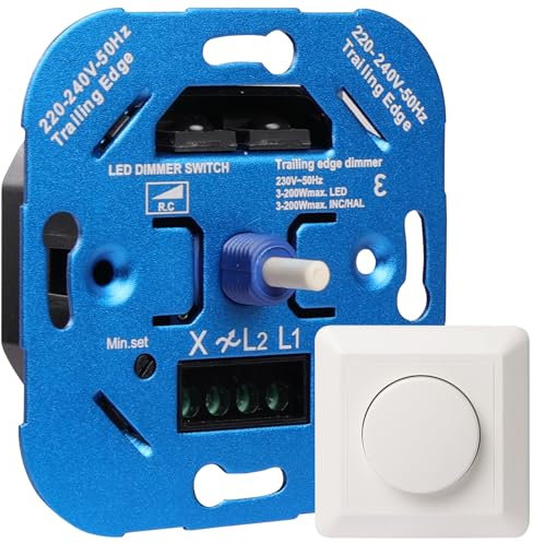 URing Dimmer Schalter, LED Dimmer 230V - Dimmschalter für Dimmbare LEDs 3-200W/Halogen 3-200W, Dimmer für LED Lampen, Unterputz Lichtschalter Dimmbar, Drehdimmer für Led, Ohne Klemmkrallen