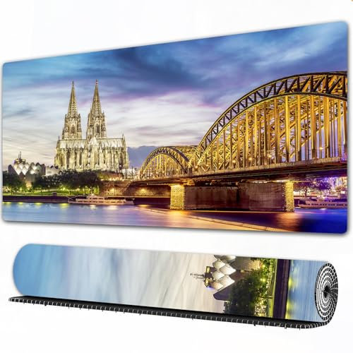 FEHWI Mauspad 90×40 cm Verlängertes großes Mauspad Schreibtischauflage,Europäisches Stadtbild, beleuchteter Dom in Köln, Alte Brücke und Rhein bei,genähte Kanten Gaming Mauspad,rutschfeste Gummibasis