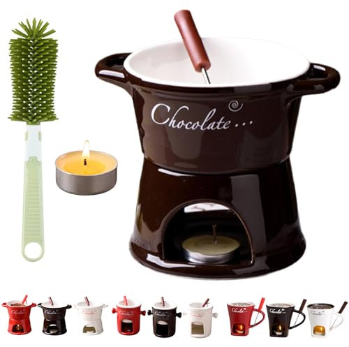 Vgpbphj Fondue Cup, Mini Ceramic Chocolate Melting Pot Set with Forks, Individual Fondue Mug, Personal Butter Warmer, Gift Set for Birthdays & Special Occasions (Coffee-A)