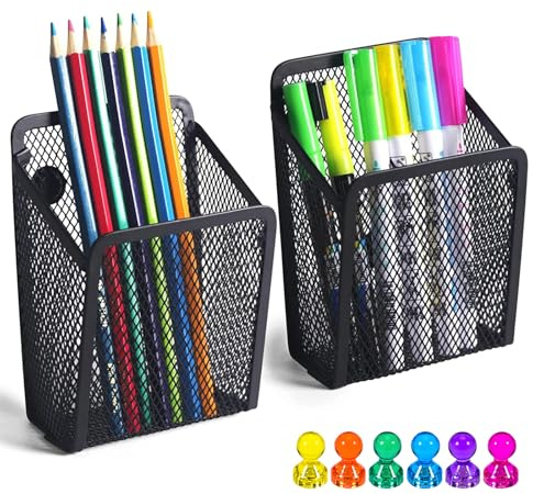 Magnetischer Stiftehalter, 2 Stück Schwarz Stiftehalter Magnetisch mit 6 Stück Magnetschnallen, Metall Netz Schreibtisch Organizer für Stifthalter, Aufbewahrungskorb, Kühlschrank, Bürobedarf