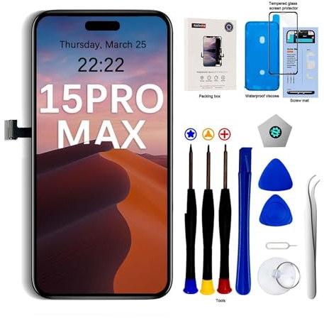 EFaith für iPhone 15 Pro Max Display 6,7 Full HD LCD 3D Touch | 6,7 Zoll Full HD LCD mit 3D Touch | Face ID & TrueTone kompatibel | Inkl. Reparatur-Kits