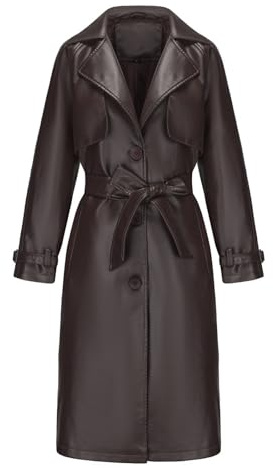 Easyoyo Giacca in pelle da donna trench lunga foderata con bottoni, aperta sul davanti, cappotto da motociclista con cintura, Stile 3., Large