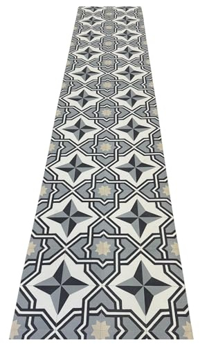 Alfombra Vinílica Terraza y Jardín LUCI PVC Antideslizante 65x200 cm Gris | Patrón tipo baldosa | Resiste agua, manchas y tráfico intenso | No se decolora al sol ni con la lluvia | Paño húmedo