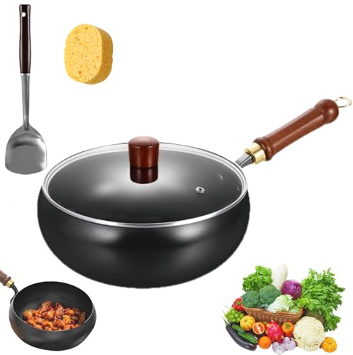 Oveallgo Japanese Iron Pan, Handmade Multifunctional Non-Accelerated Cooking Wok with Anti-Scratch Handle, Cookware 24/28 cm Diameter (28cm + Glass lid)
