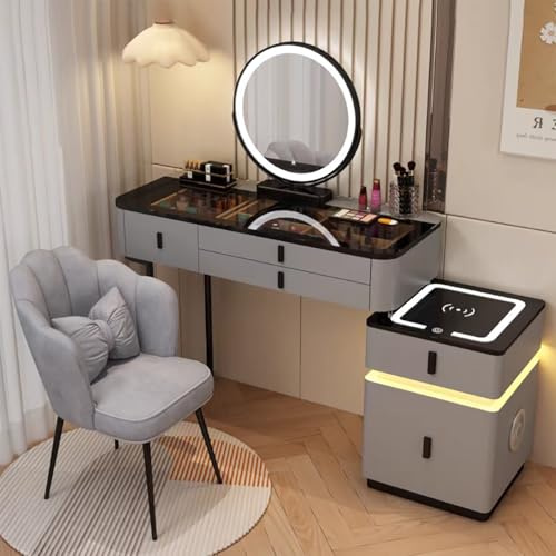 JIANRUI Schminktische mit LED-Leuchten, Schminktisch mit 5 Schubladen, kabellose Ladestation und Bluetooth-Lautsprecher Stuhl für Schlafzimmer Mädchen Frauen (Grau-schwarz, 100cm)