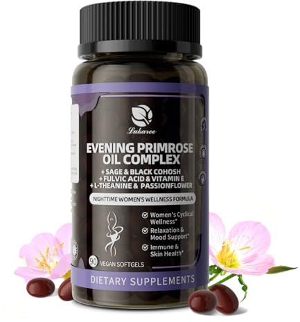 Lukaree Evening Primrose Oil Complex for Women – Hormone Wellness with Cold-Pressed EPO, 10% GLA, Sage, Fulvic Acid, L-Theanine – Supports Cyclical Balance, Mood, Skin & Immune Health, 90 Softgels