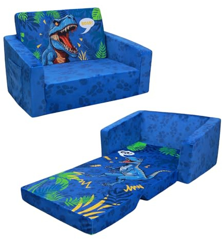 decalsweet Sofás Plegables para niños con Respaldo Sillón 2 en 1, Sillón Infantil Cómoda Estable Ligero con Bolsillo de Tela, Sofá Cama Asiento para Bebé para Dormitorio Sala de Juegos, Dinosaurios