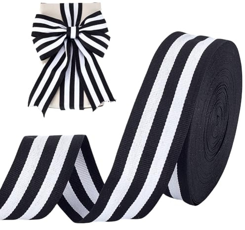 AHANDMAKER Nastro in tessuto grosgrain bianco e nero, 18 m, 40 mm, con strisce nere e bianche, per Natale, matrimoni, fai da te, confezioni regalo