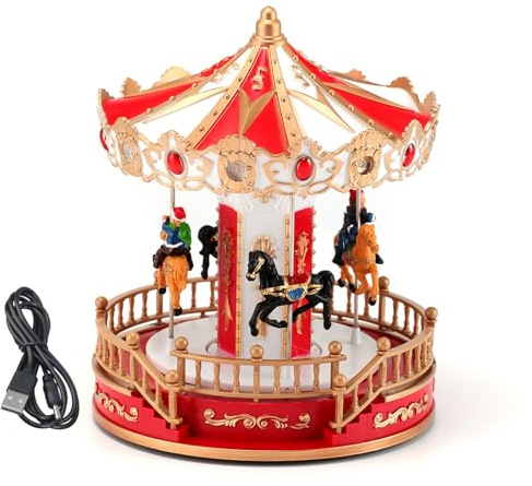 Thewasc Carruseles musicales de Navidad con luz LED y base giratoria, melodías clásicas para festivales, hogar, escritorio, adorno, regalo, carruseles de Navidad, caja de música con luz LED