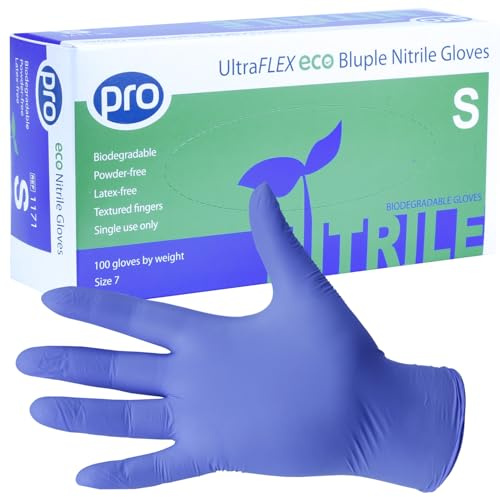 PRO Biodegradable Blue 3.5g Nitrile Disposable Gloves, Small 100 pack | UltraFLEX Bluple Disposable Gloves, eco-friendly, powder-free, latex-free nitrile. Food safe. Ideal for Catering & Care Homes