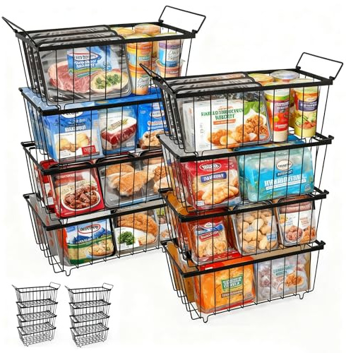 8-Pack Stackable Chest Freezer Baskets Organiser for 198L Fridges (37cm L x 18cm W x 15cm H)-Chest Freezer Basket with Folding Handle -Storage Bins for Kitchen, Freezer, Pantry, Cabinet, and Closet