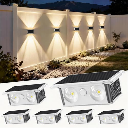TECKNET Solar Wandleuchten für Außen, IP66 Up and Down Solarlampen, 6 Stück | IP66 Wasserdicht, 4 LEDs, 3 Farbmodi, für außen wand, Garten, Hof, Terrassen, Balkone, Veranden, Zäune