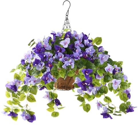 Homsunny Artificial Fake Hanging Flowers Plants Basket for Outdoor Decoration, Faux Silk Flower Bougainvillea Planter Look Real UV Resistant for Home Porch Patio Balcony Yard Spring Decor(Purple)
