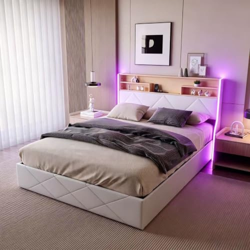 Henunem Lit Coffre 160x200, avec Éclairage LED et Port USB, Lits Double Rembourré avec Tete de lit, Cadre de lit 160 x 200 cm avec Sommier et Rangement,PU Matériel,Blanc