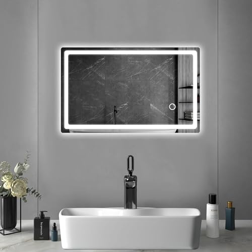 LED Badspiegel mit Beleuchtung 40x60cm, Wandspiegel mit Stecker Kaltweiß | Badezimmerspiegel fürs Bad mit Touch-Schalter, Spiegel mit Licht für das Badezimmer 6000K