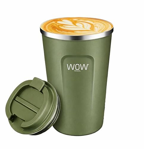 wowtravel Insulated Travel Mug Stainless Steel Coffee Cup Leakproof Vacuum Flask Hot and Cold Drinks 380ml 500ml Reusable Cup with Lid Fits Car Cup Holder Black Khaki (Khaki, 500ml)