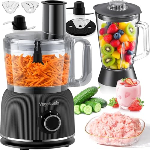 1500W Food Processor and Blender Combo | 2.5L Food Chopper, 2L Glass Jar Blender, 2 Speeds and Pulse, Smoothie Maker, Meat, Vegetable and Dough
