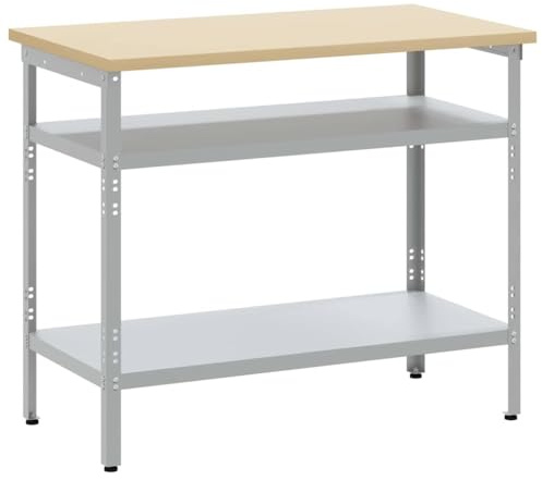 Tavolo da lavoro industriale 100 x 55 x 85 cm, in acciaio verniciato a polvere, con ripiani in metallo grigio e piedini regolabili in altezza, postazione di lavoro con superficie in legno per officina