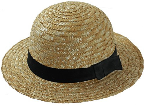 6 X LADIES STRAW BOATER HAT ROUND TOP STRAW BOWLER HAT WITH BLACK RIBBON & BOW SCHOOL GIRL ST TRINNIANS FANCY DRESS BULK