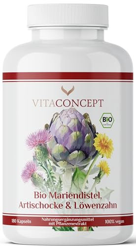 Bio Mariendistel Artischocke Löwenzahn Komplex I 180 hochdosierte vegane Kapseln I ohne Magnesiumstearat I Qualität aus Deutschland I Vitaconcept