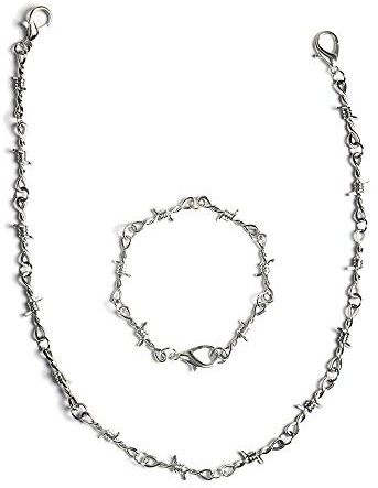 KESOCORAY Punk Gothic Thorns Metal Barbed Wire Chain Necklace Bracelet Silver Fine Jewelry for Men Women(Fine Chains Set)
