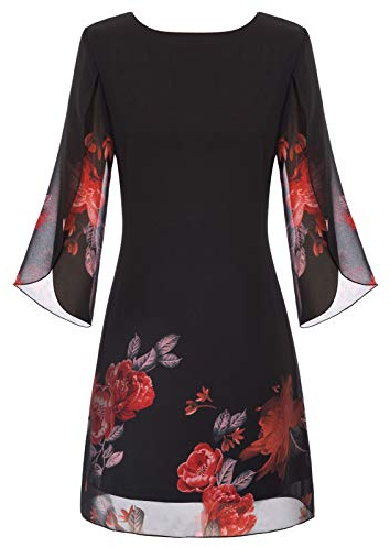 Damen Chiffon Sommer Kleid Langarm Loose Fit Midi Abend Party Kleid L Schwarz rot CL11125-23