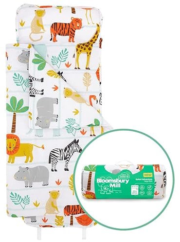 Bloomsbury Mill - Nap Mat for Toddlers and Kids - Pillow, Mat and Blanket Included - All-in-One Sleeping Bag for Nursery & Ready Bed for Nap Time and Sleepovers - Travel Essentials 135 x 50 cm Safari