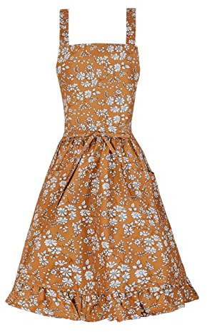 Pinknoke Vintage Pinafore Apron Dress for Women with Pockets Cute Floral Chef Aprons for Kitchen Cooking Baking Gardening (Tawny)