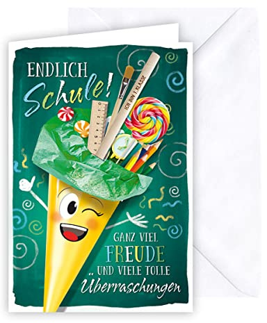 KE - Einschulungskarte mit Gravur, B6 17,0 x 11,5 cm, inklusive Umschlag, Geschenk zur Schuleinführung, personalisiert mit Bleistift - Motiv: Schultüte