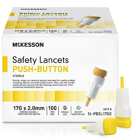 McKesson Lancets for Diabetes Testing [100 Count] Lancing Device for Blood and Glucose Test, 17G x 2.0 mm, Push Button Activation, Sterile, Single Use