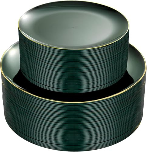 PULOTE 100PCS Green Plastic Plates - Green Disposable Plates With Gold Rim - Include 50 Pieces Dinner 10.25inch,50 Pieces Dessert 7.5inch for Party&Christmas