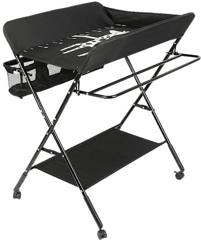 Klappbare Baby Wickelkommode, Babypflegetisch, Mobiler Wickeltisch mit Sicherheitsgurt und Ablagefächern, Wickeltische Tragbar, Platzsparend (80 * 66 * 98cm/schwarz)